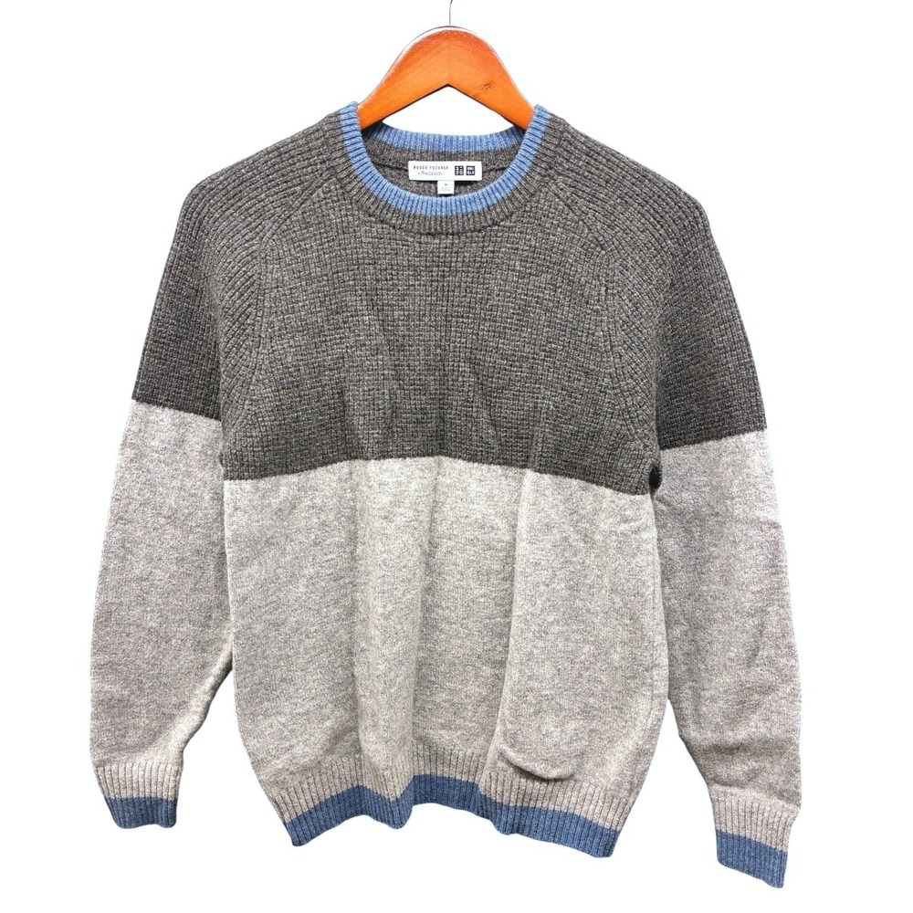 Uniqlo Roger Federer JW Anderson Colorblock Wool Sweater Womens M Gray Blue Knit